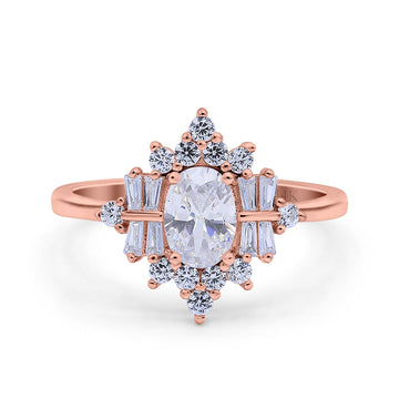 14K Rose Gold Oval Cut Halo Vintage Bridal Wedding Engagement Ring Simulated CZ Size-7